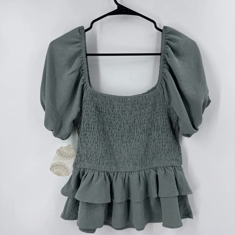 Altar'd State Green Peplum Blouse with Ruffled Short Sleeves - Picture 3 of 8